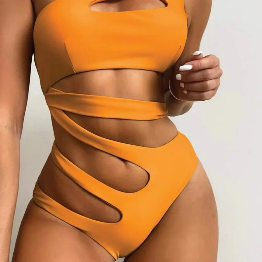Plain Cut-out One Shoulder One Piece Swimsuit - Picture 1 of 6